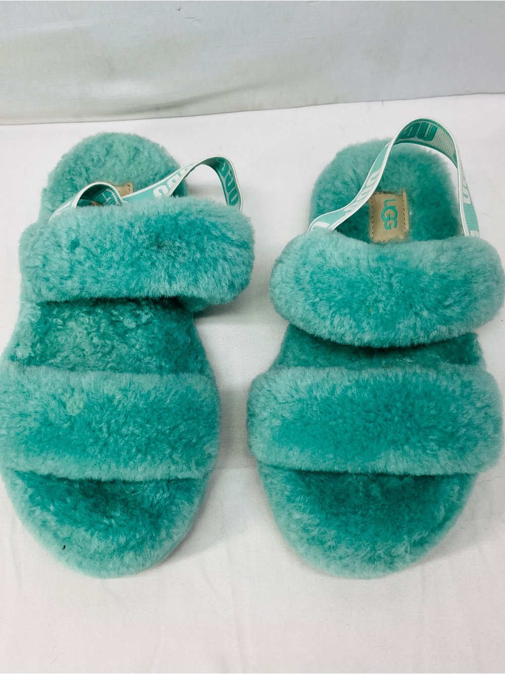 UGG Kids Teal Fuzz Slide Sandals with Elastic Back